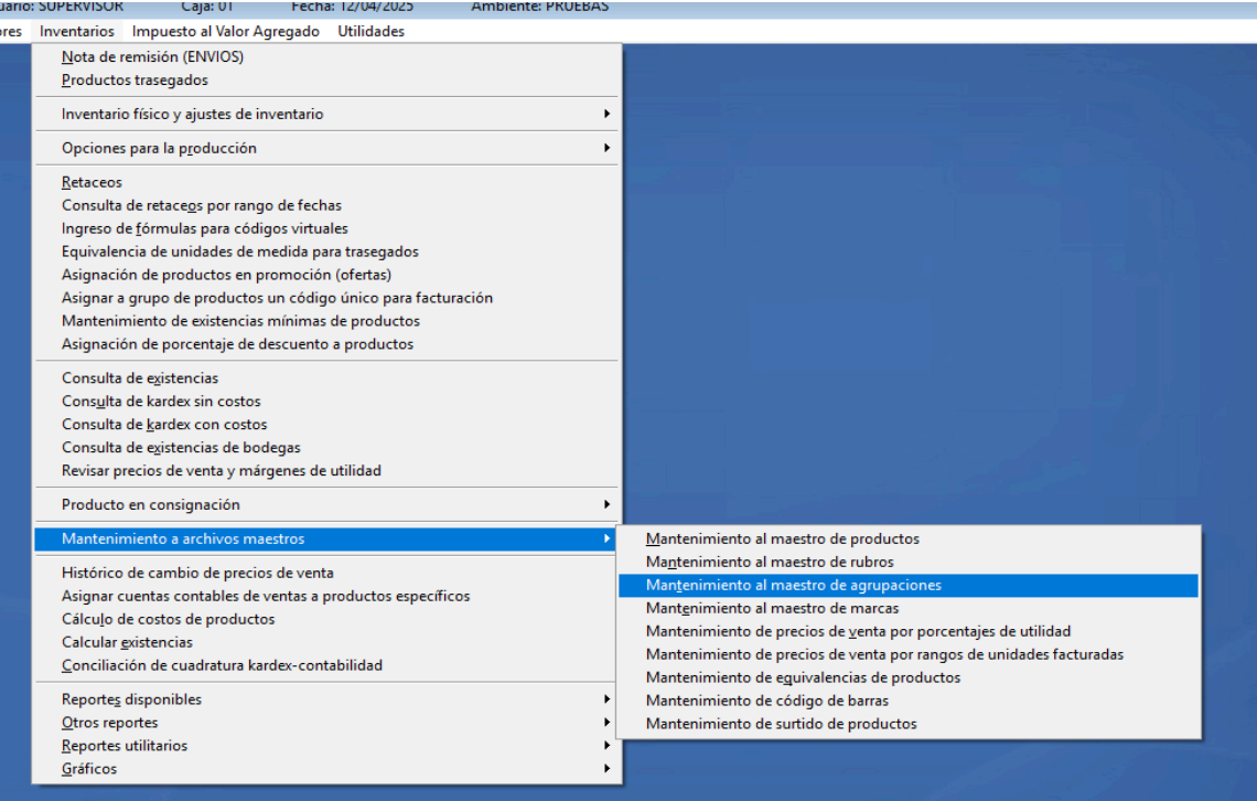Menú de agrupaciones
