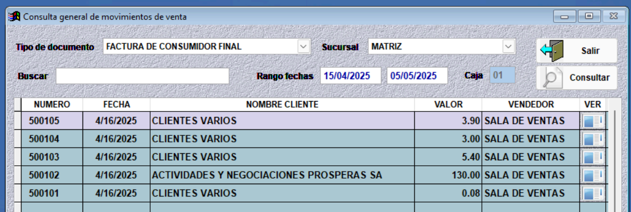 Consulta de movimientos de venta