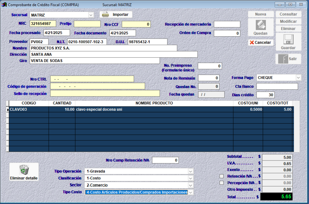 Datos del comprobante de crédito fiscal