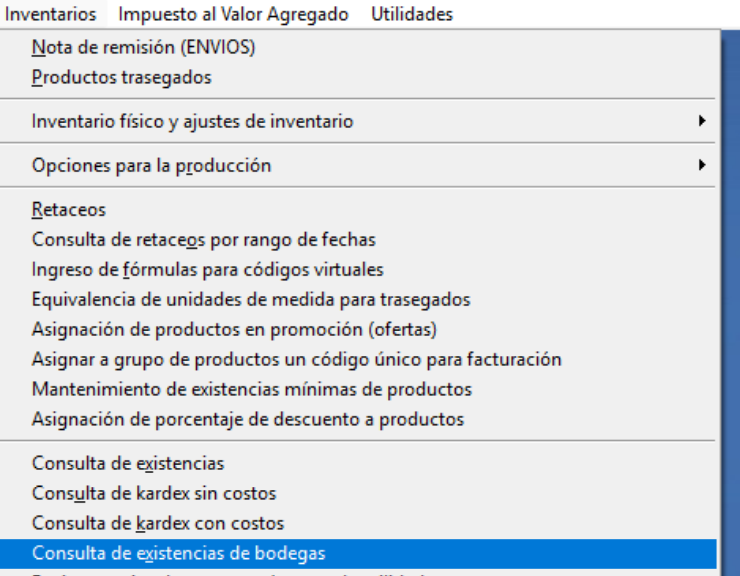 Menú de consulta de existencias de bodegas