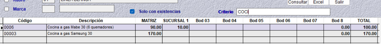 Filtro de consulta de existencias de bodegas