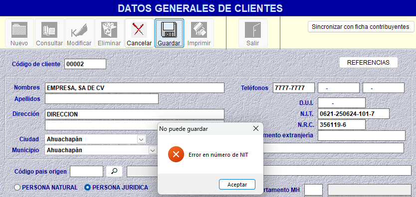 Error en número de NIT