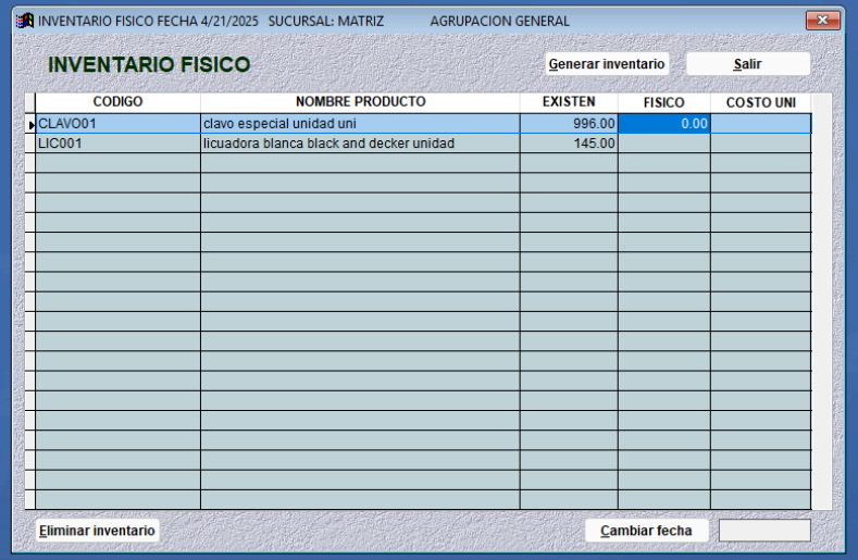Tabla del inventario físico